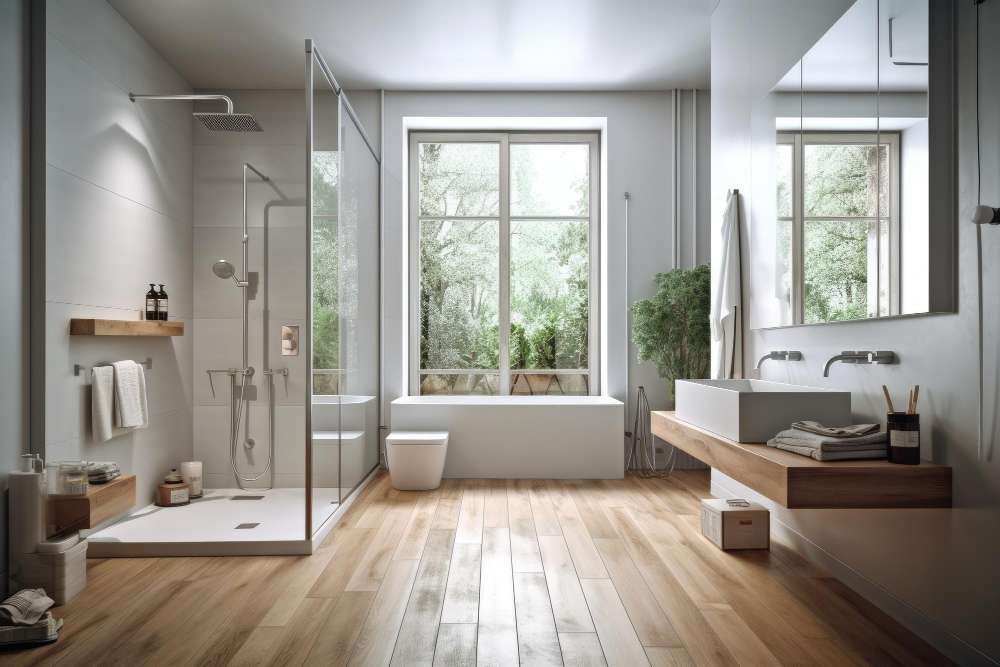 A bright and airy bathroom featuring waterproof laminate flooring with a light oak finish.