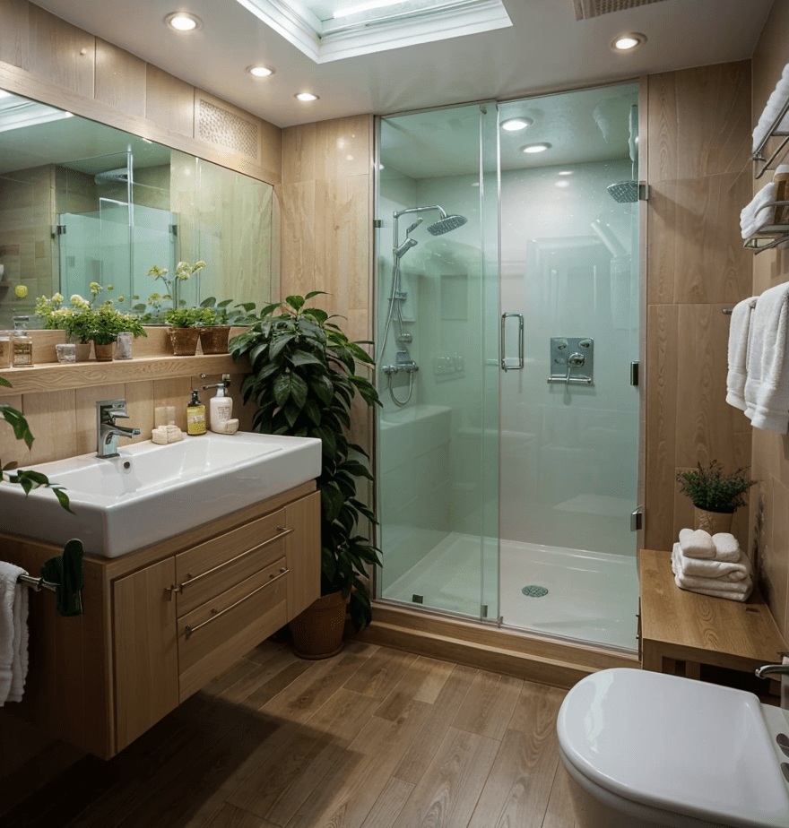 A bright and airy bathroom featuring waterproof laminate flooring with a light oak finish.