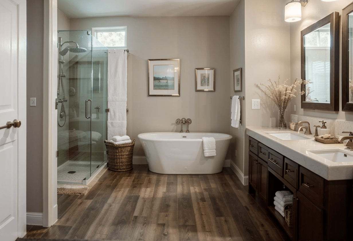 A cozy bathroom featuring Luxury Vinyl Plank flooring with a rich, wood-like finish.