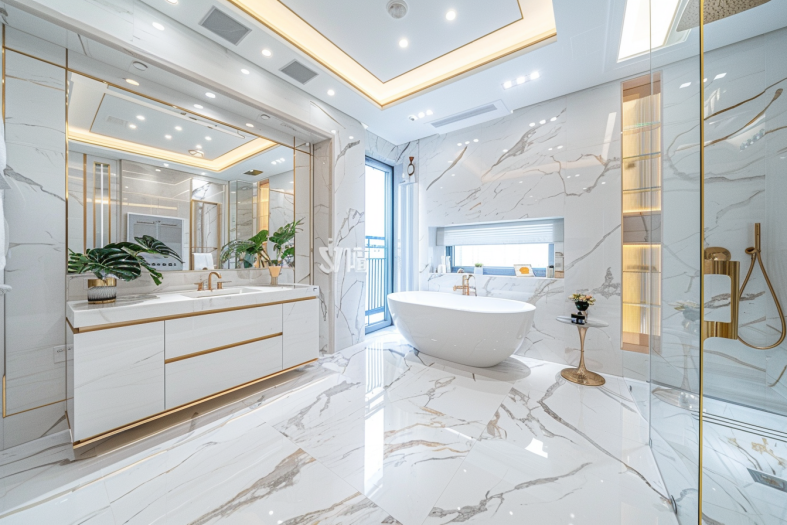 A lavish bathroom with pristine white marble floors and gold accents creating an opulent atmosphere