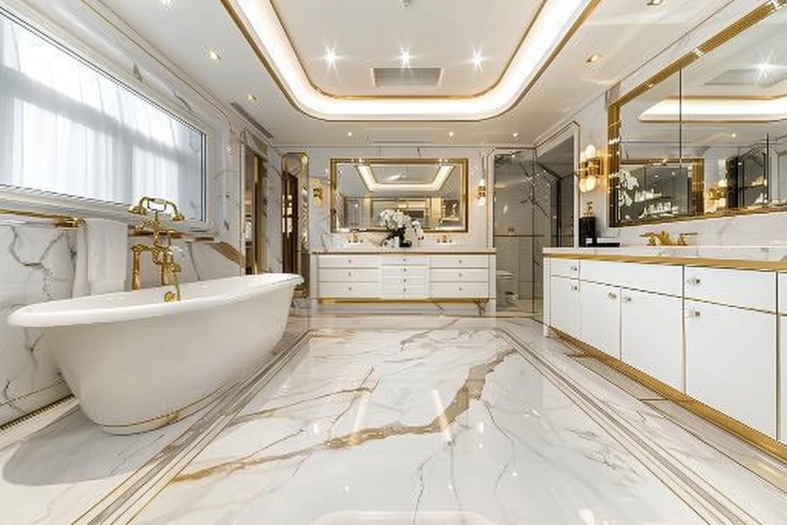 A lavish bathroom with pristine white marble floors and gold accents creating an opulent atmosphere.