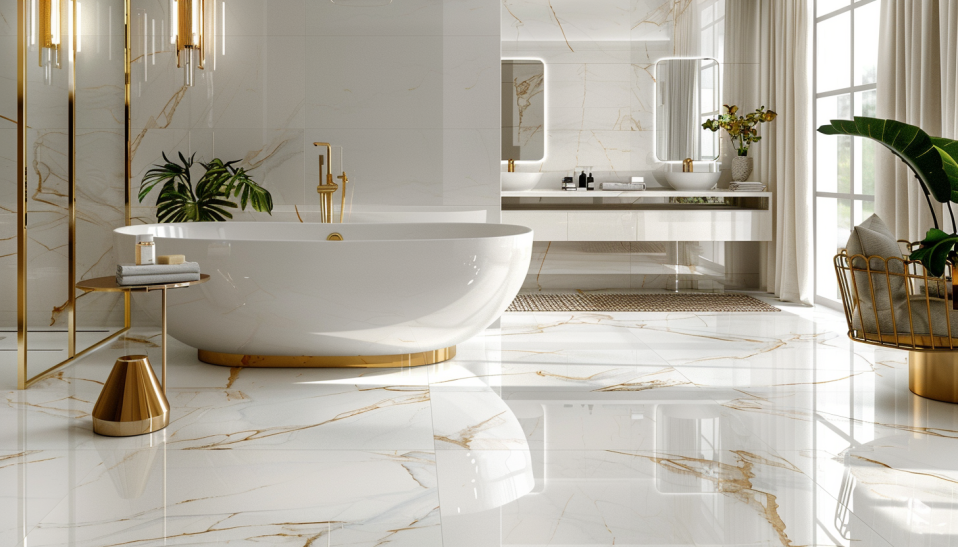 A lavish bathroom with pristine white marble floors and gold accents