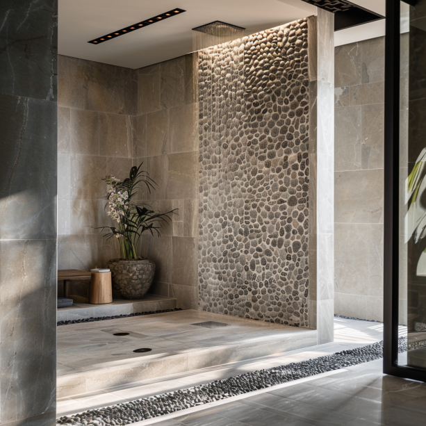 A serene bathroom shower area covered with smooth, gray pebble floor