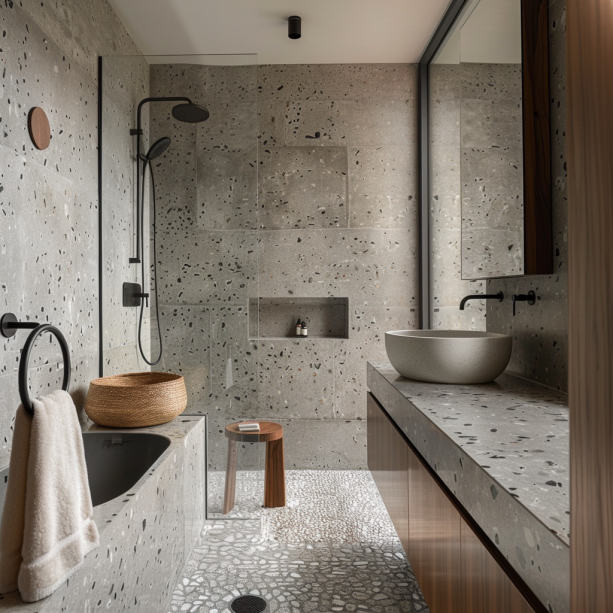 A serene bathroom shower area covered with smooth, gray pebble tiles