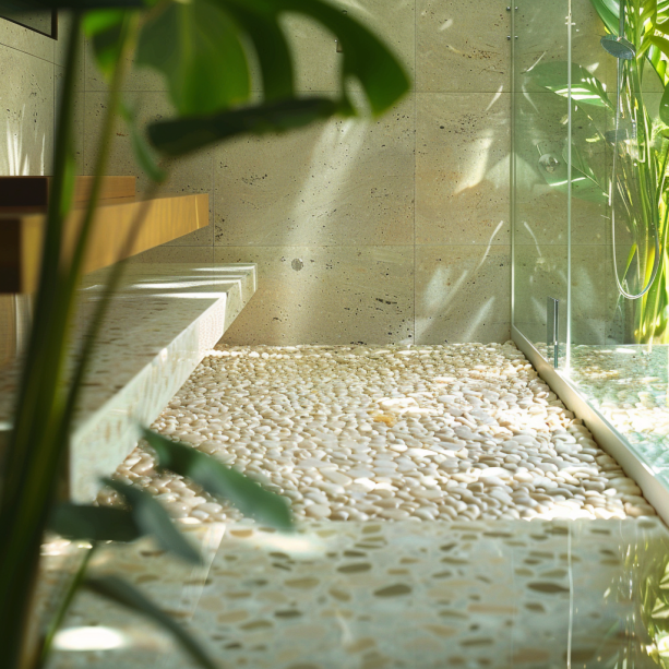 A serene bathroom shower area covered with smooth, gray pebble tiles.