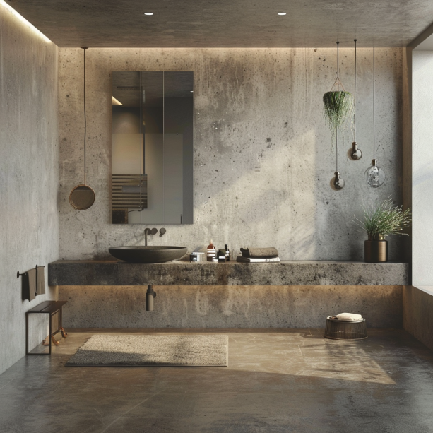 An industrial-style bathroom with polished concrete flooring and minimalist fixtures