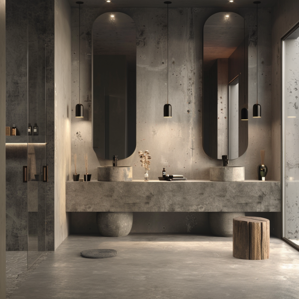 An industrial-style bathroom with polished concrete flooring and minimalist