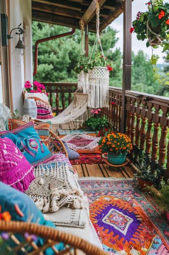 Boho Chic balcony, colorful garden, macramé plant holders, outdoor rugs.