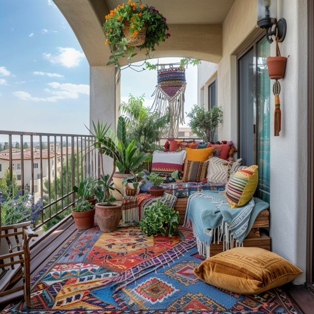 Boho Chic balcony, colorful garden, macramé plant holders, outdoor rugs