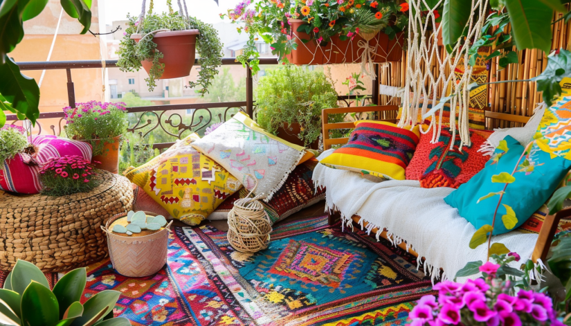 Boho Chic balcony, colorful garden, macramé plant holders, outdoor rugs...
