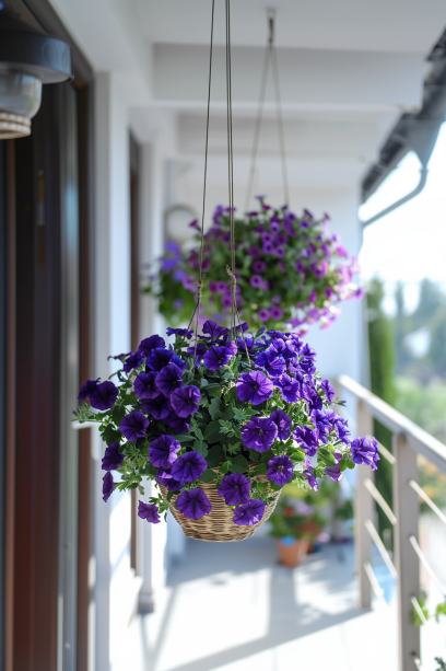 Ceiling hanging baskets filled with purple petunias hang from the balcony ceiling, seen from inside the apartment