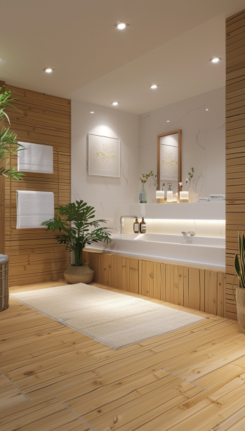 Chic bathroom equipped with bamboo flooring and modern amenities for a clean look.