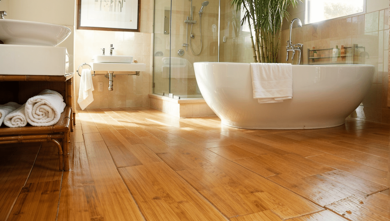 Chic bathroom equipped with bamboo flooring and modern amenities for a clean look.