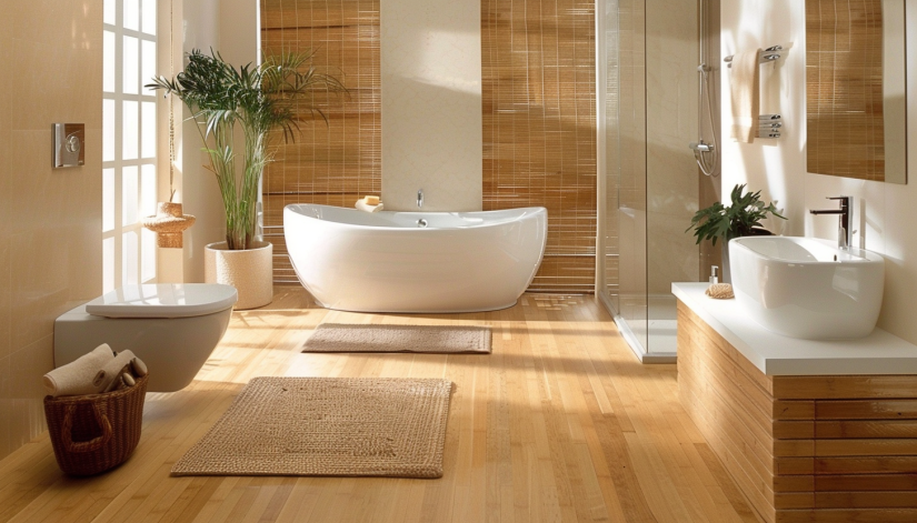 Chic bathroom equipped with bamboo flooring and modern amenities for a clean look