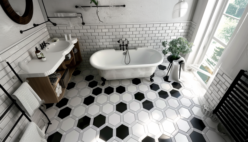 Contemporary bathroom with white and black hexagonal tiles arranged in a striking pattern.