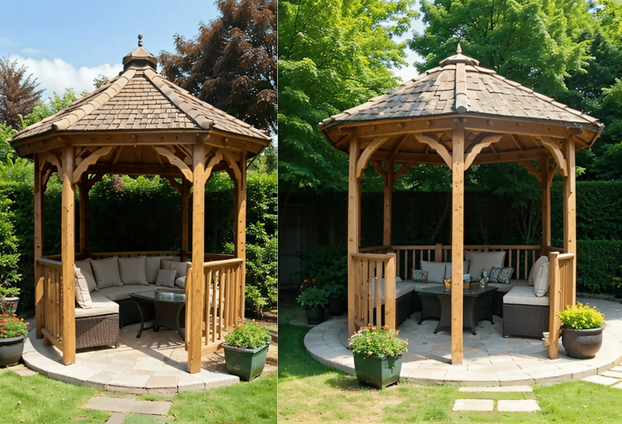 Gazebo with pitched roof in garden, side-by-side comparison of pergola and gazebo