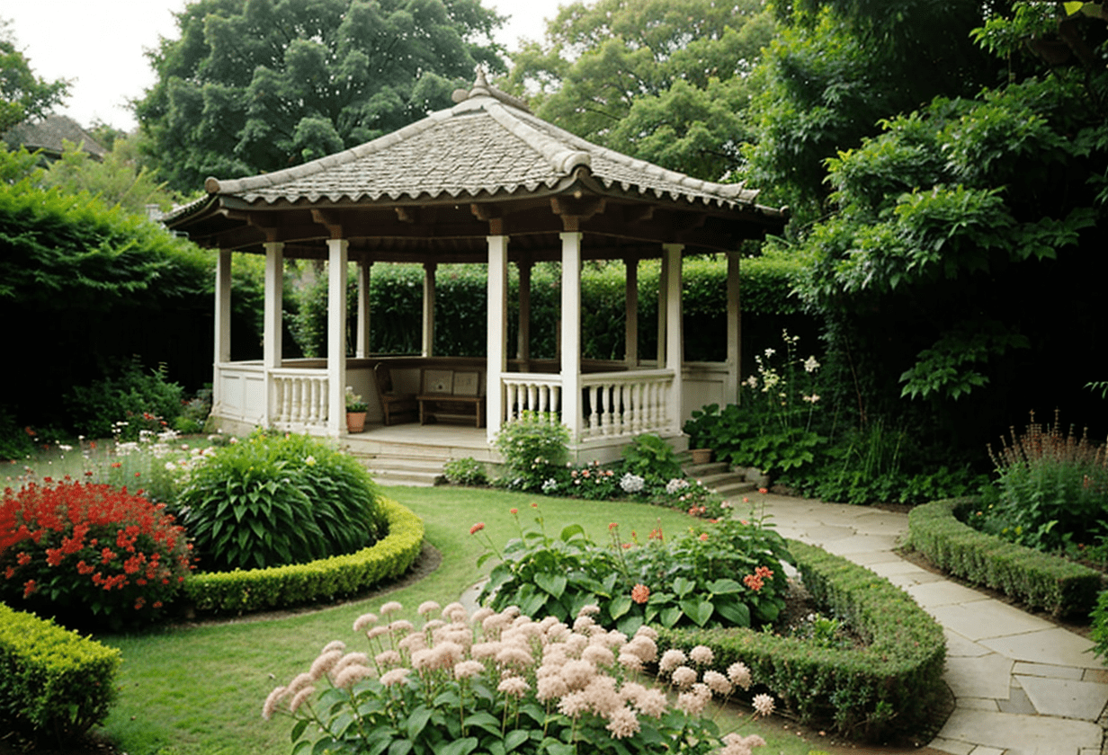 Independent garden pavilion, traditional architecture, lush garden, flowering plants, serene atmosphere