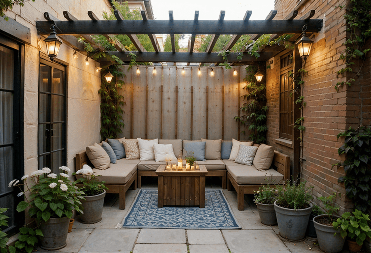 Mini-pergola in small urban garden, narrow patio, climbing plants, hanging lanterns, cozy seating, soft sunlight
