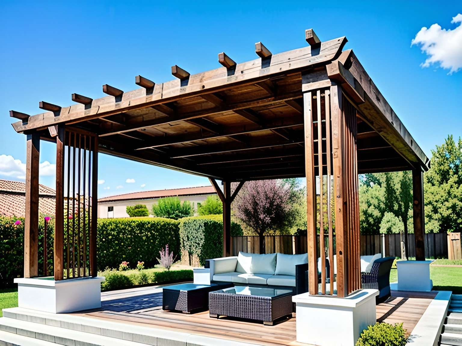 Modern pergola with roof connected to house, landscaped backyard, outdoor living area