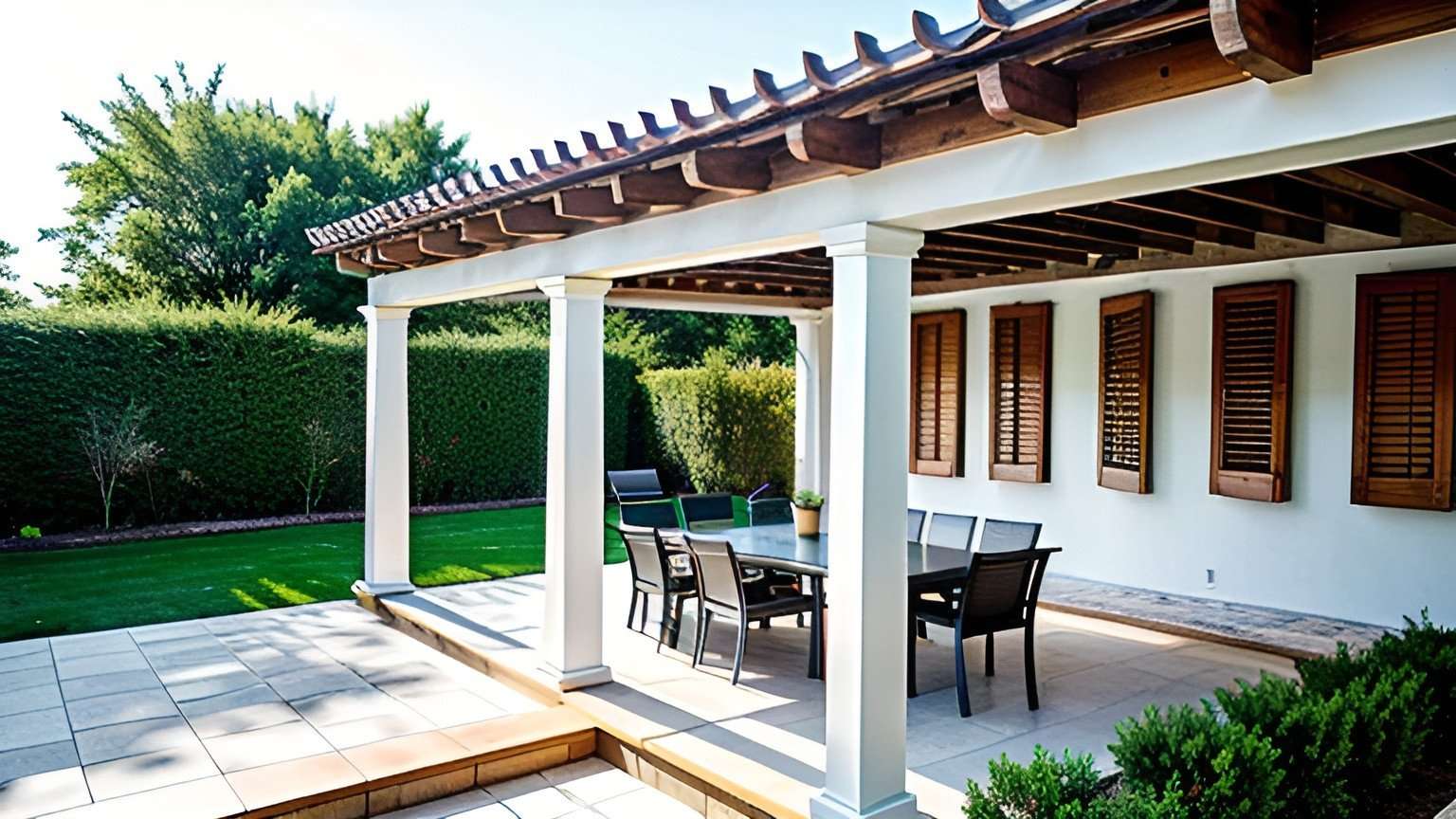 Modern pergola with roof connected to house, landscaped backyard, outdoor living