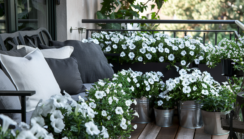 Monochrome balcony garden, white petunias, grey foliage, sophisticated furnishings, metallic planters.