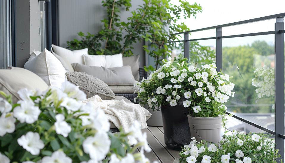 Monochrome balcony garden, white petunias, grey foliage, sophisticated furnishings, metallic planters