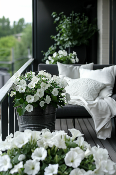 Monochrome balcony garden, white petunias, grey foliage, sophisticated furnishings, metallic planters..