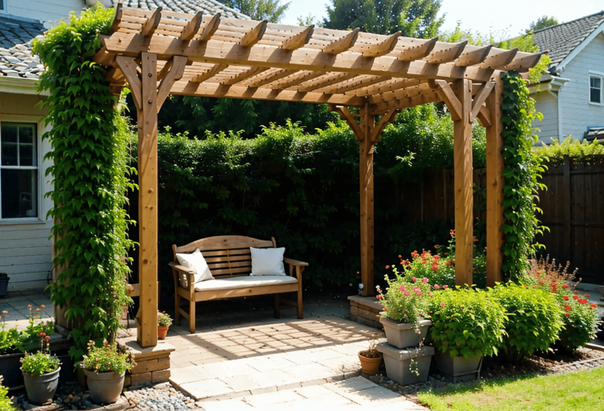 Pergola and Arbor Combo, garden entrance, trellis, seating area, latticework top, climbing plants, durable materials, shaded garden structure