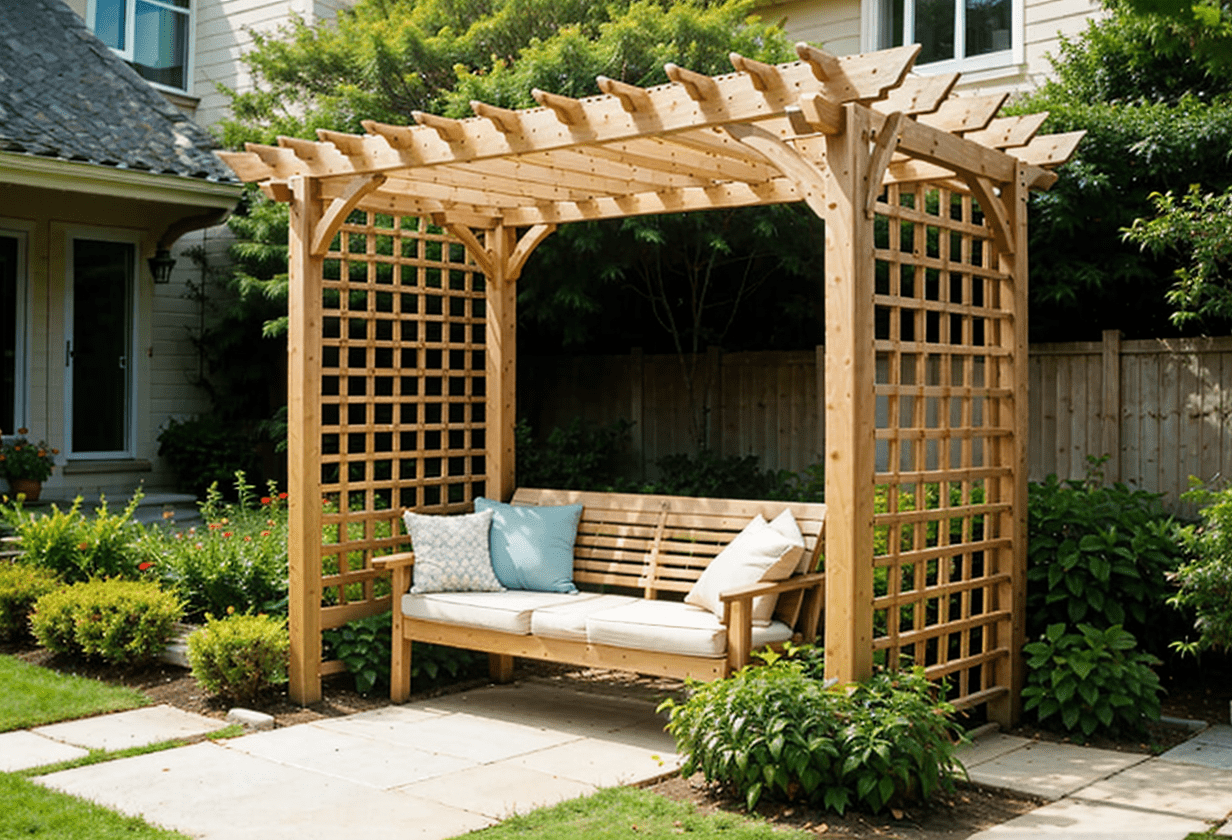Pergola and Arbor Combo, garden entrance, trellis, seating area, latticework top, climbing plants, durable materials