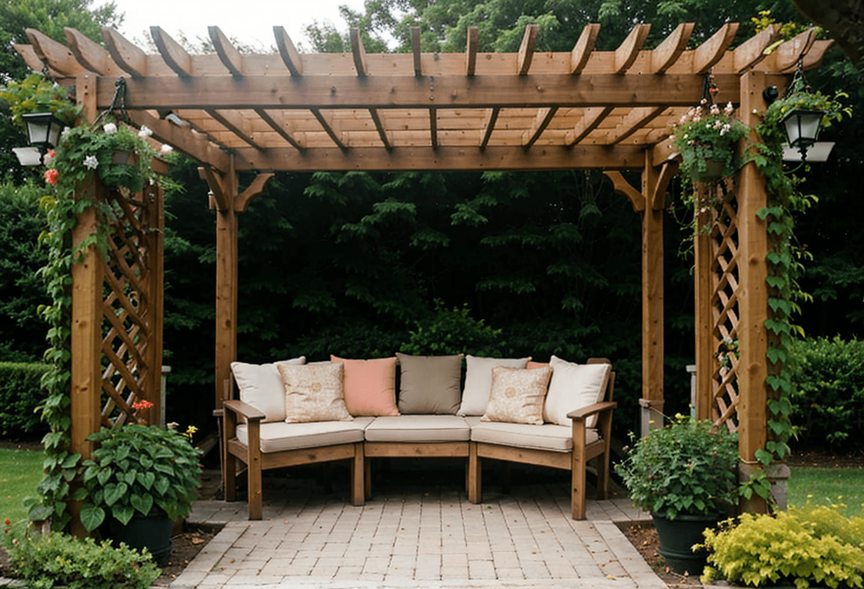 Pergola and Arbor Combo, garden entrance, trellis, seating area, latticework top