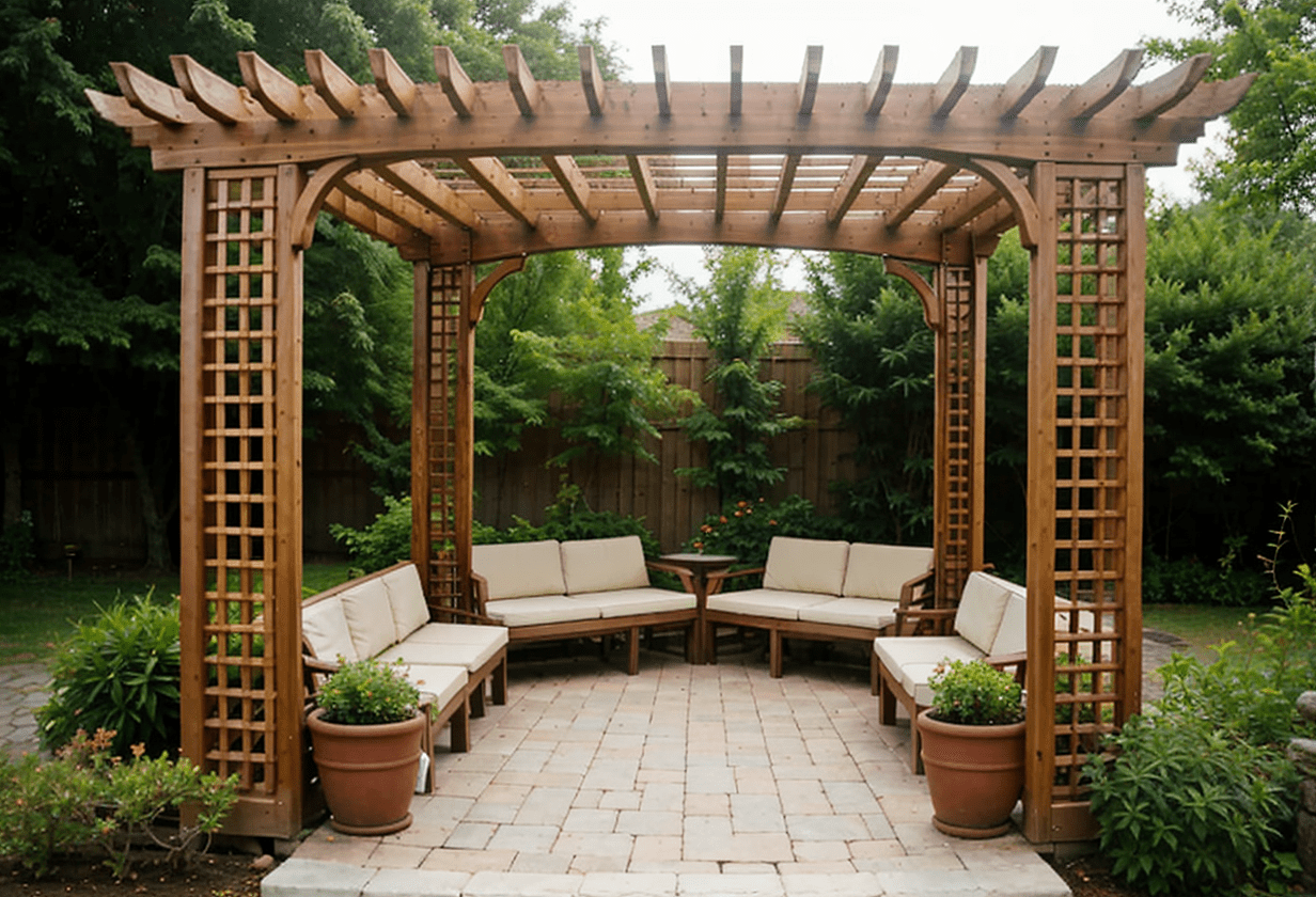 Pergola and Arbor Combo, trellis, seating area, latticework top, climbing plants, durable materials, shaded garden structur