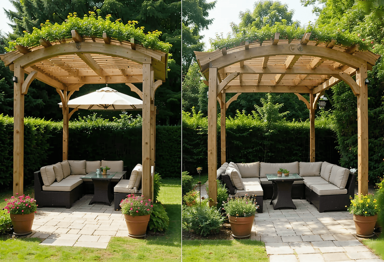Pergola with open roof and climbing plants Gazebo with pitched roof in garden, side-by-side comparison of pergola and gazebo