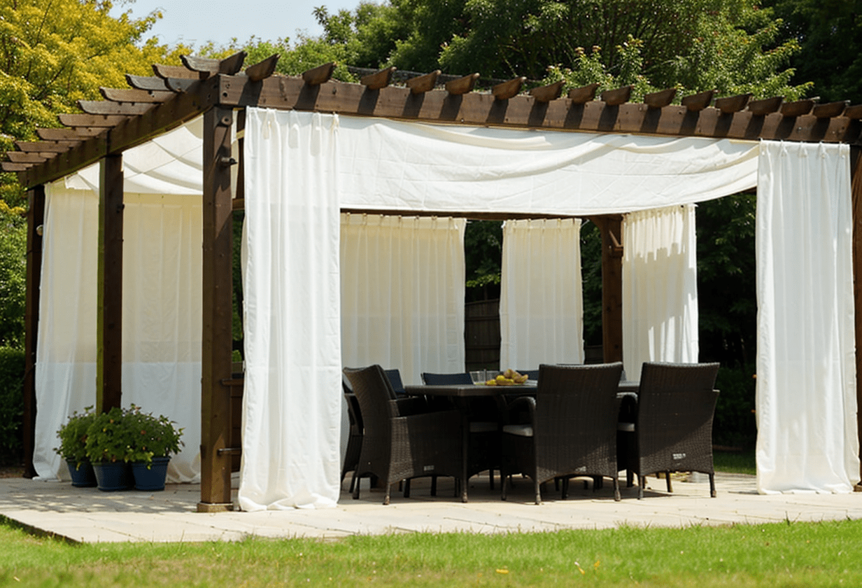 Pergola with outdoor curtains, durable fabric, privacy adjustment, sun protection