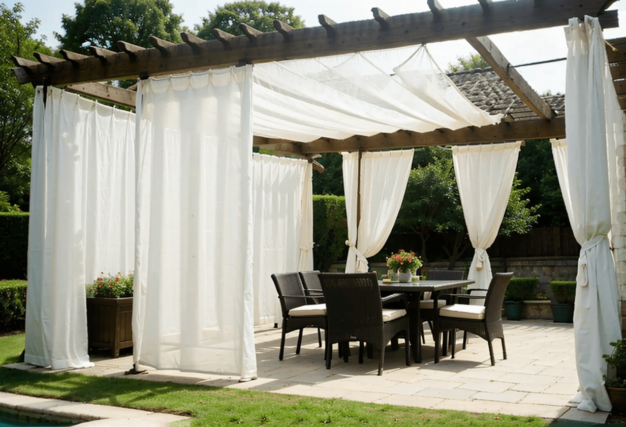 Pergola with outdoor curtains, durable fabric, privacy adjustment, sun protection, stylish outdoor décor