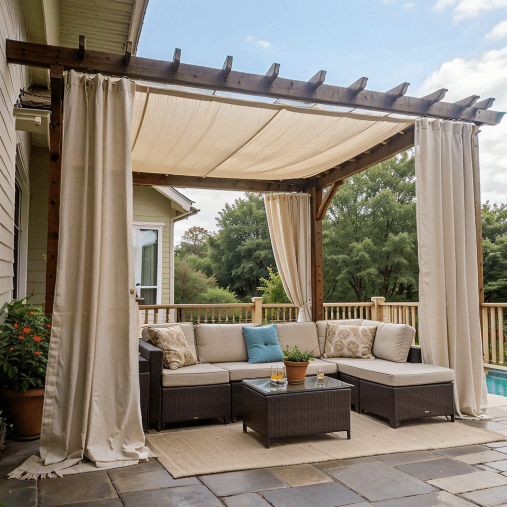 Pergola with outdoor curtains, durable fabric, privacy adjustment, sun protection white clean