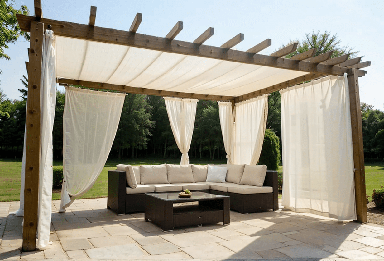 Pergola with outdoor curtains, durable fabric, privacy adjustment, sun protection, white