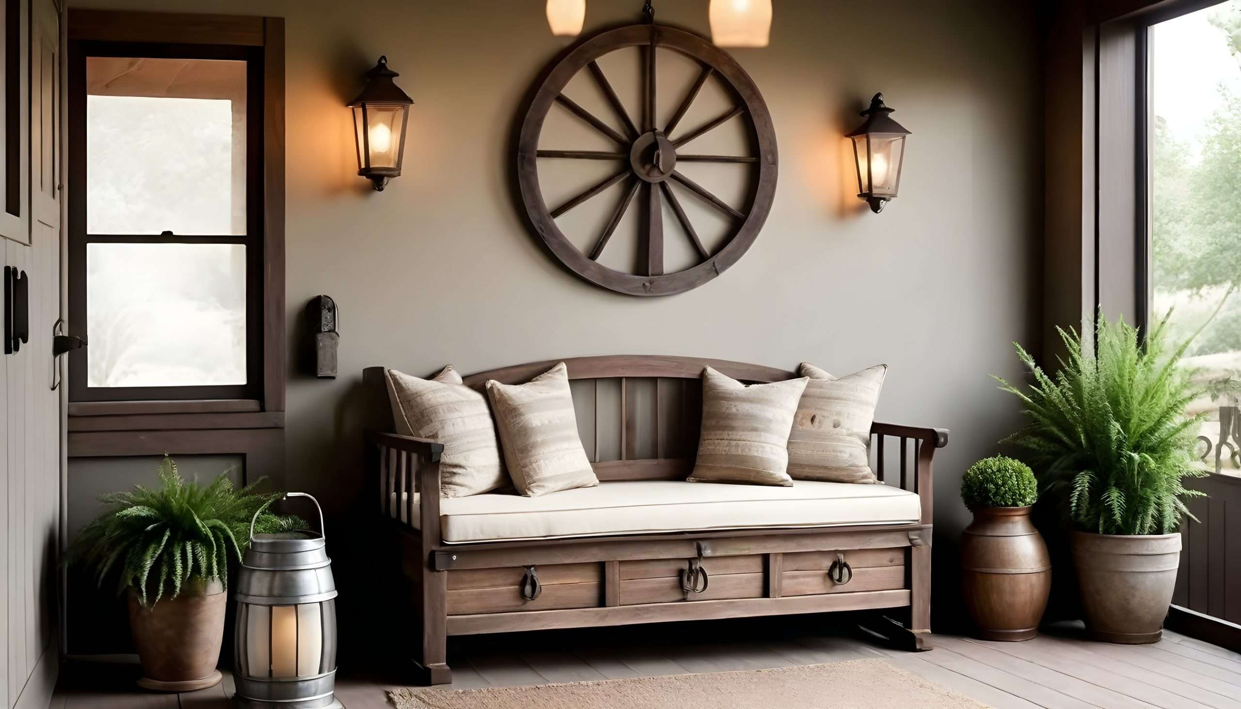 Rustic Elegance with a Hanging Lantern and Wagon Wheel Bench 
