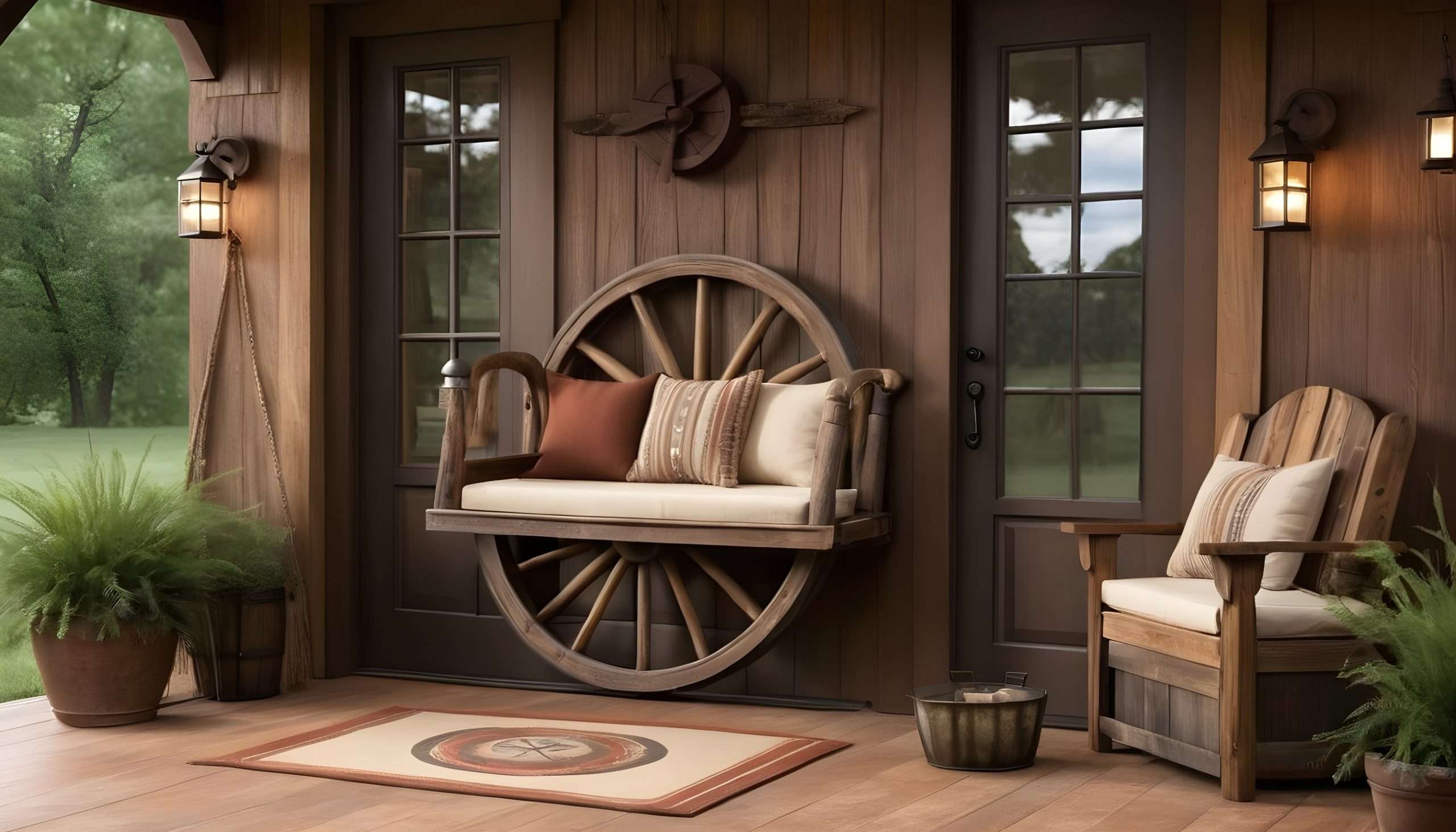 Rustic Elegance with a Hanging Lantern and Wagon Wheel Bench 