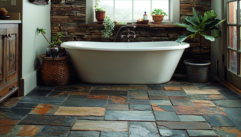 Slate tile flooring, bathroom, rugged texture, earthy colors, slip-resistant, wet environment