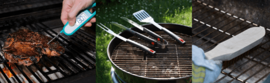 Thermometer , tongs, spatlas, grill brushes