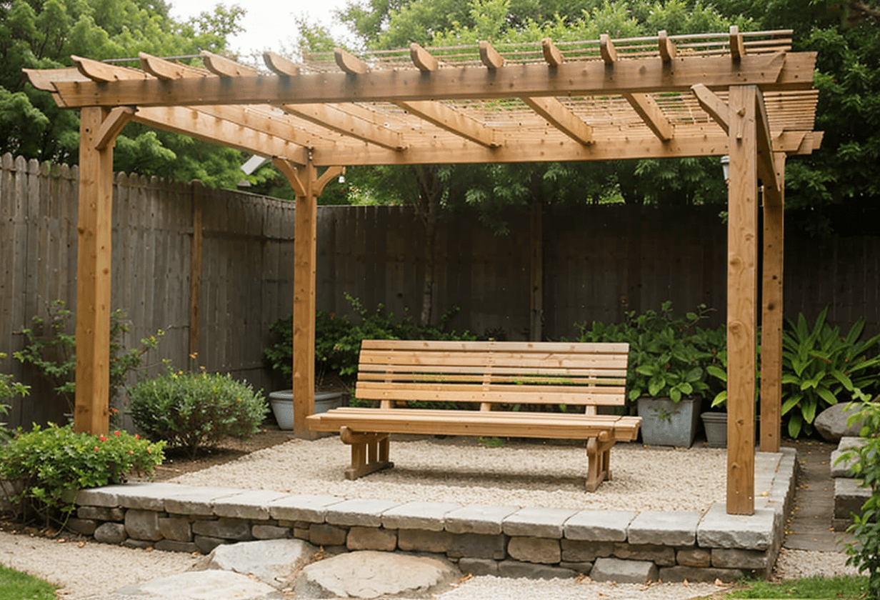 Zen-inspired pergola, bamboo construction, cedar wood, minimalist design, stone bench, wooden seating, Japanese garden style