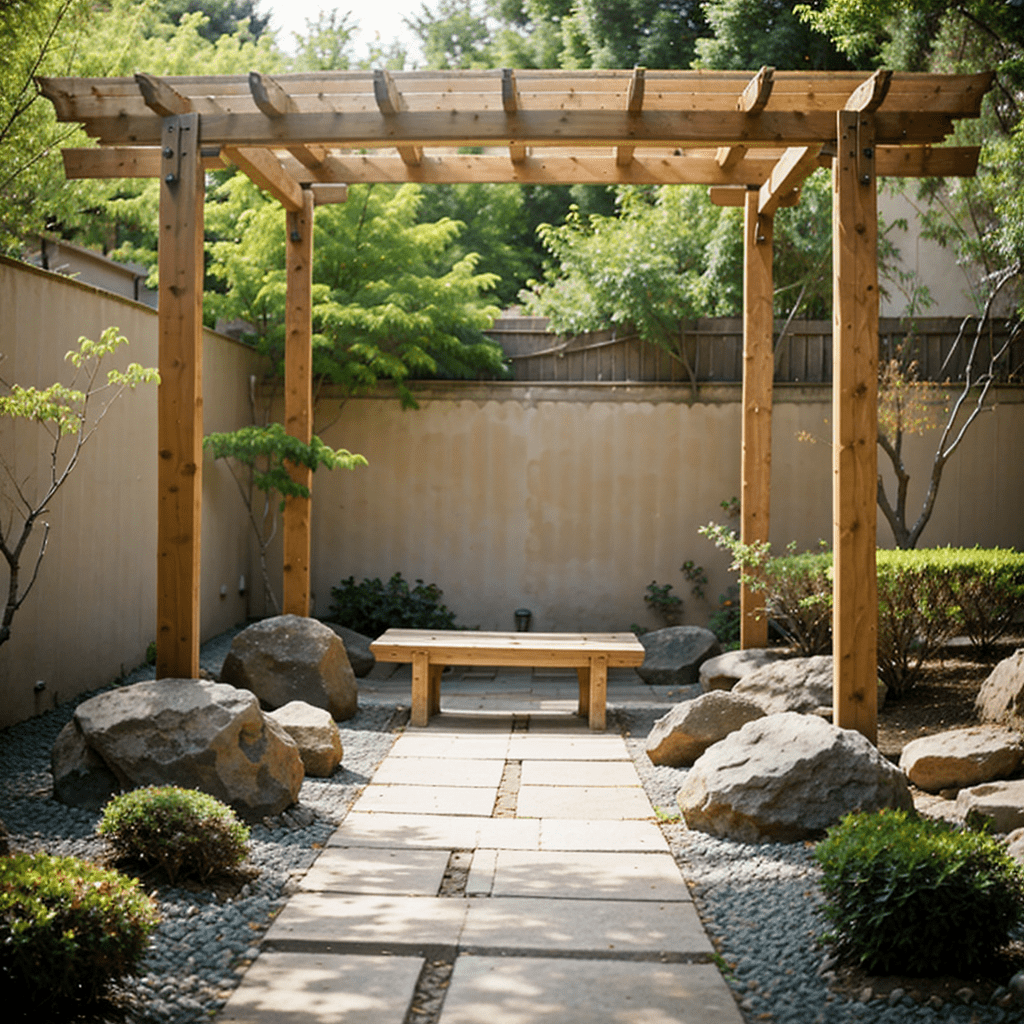 Zen-inspired pergola, bamboo construction, cedar wood, minimalist design, stone bench, wooden seating, water feature, rock garden, sand pit, Japanese garden style