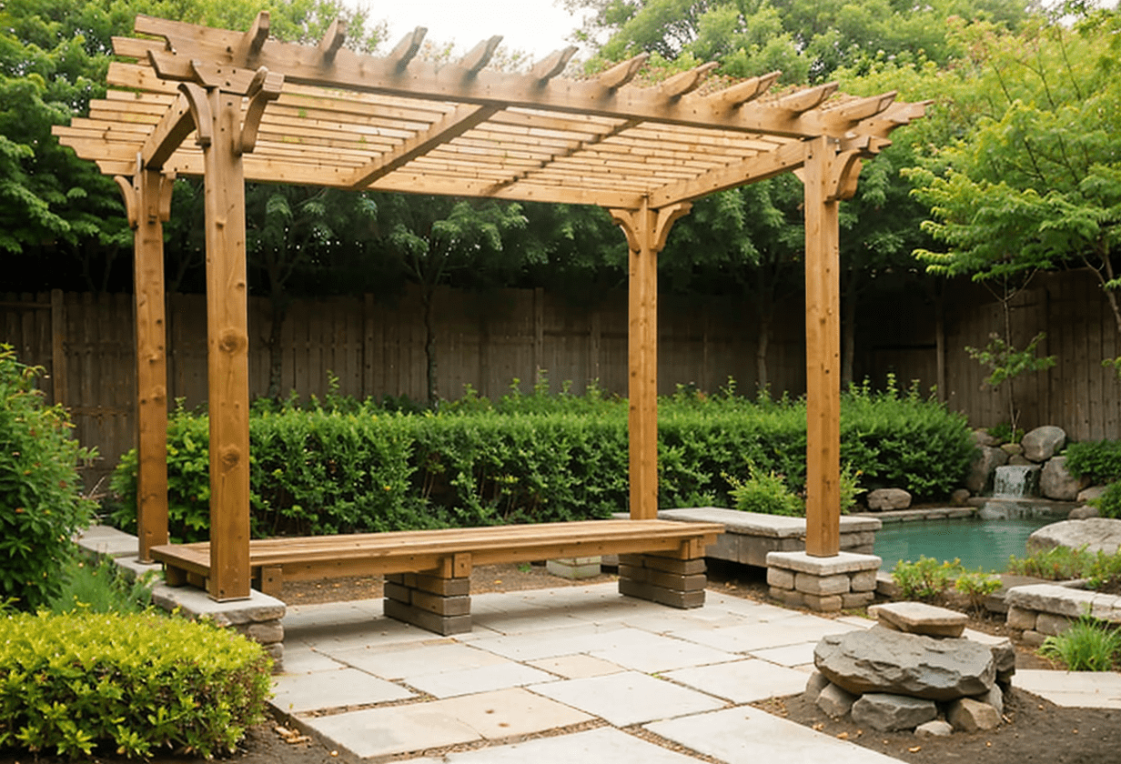 Zen-inspired pergola, bamboo construction, cedar woodstone bench, wooden seating, water feature, rock garden, sand pit, Japanese garden style