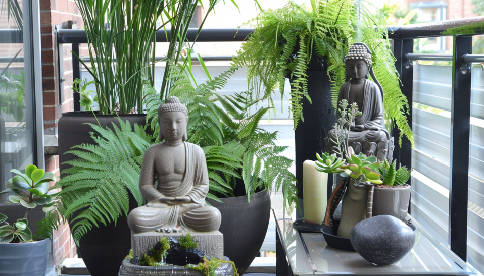 Zen retreat, balcony garden, minimalist, water feature, Buddha figure, tranquility.