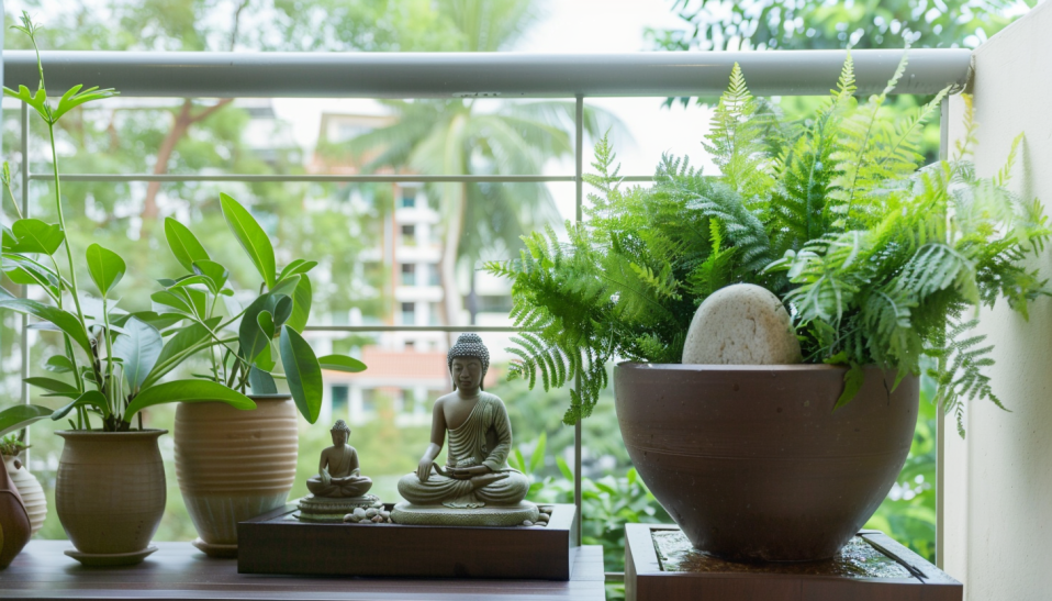 Zen retreat, balcony garden, minimalist, water feature, Buddha figure, tranquility