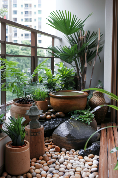 Zen retreat, balcony garden, minimalist, water featuretranquility place