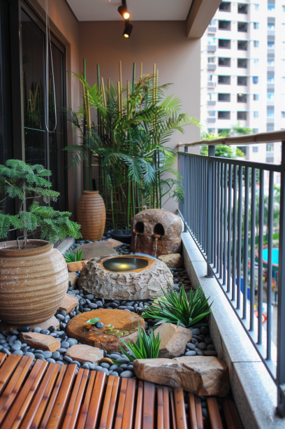 Zen retreat, balcony garden, minimalist, water featuretranquility