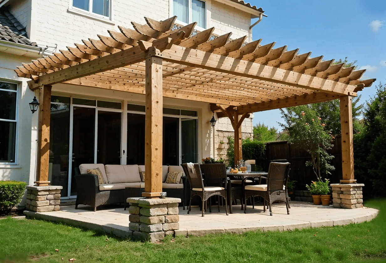 attachable pergola accent, home exterior, dining space, fire pit, outdoor shelter, decorative structure, climbing plants support, architectural harmony, shade provider