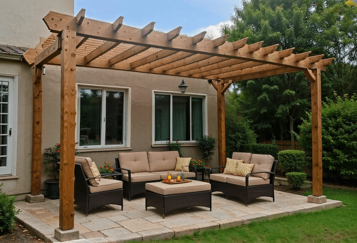 attachable pergola accent, home exterior, dining space, fire pit, outdoor shelter, decorative structure, climbing plants support, architectural harmony