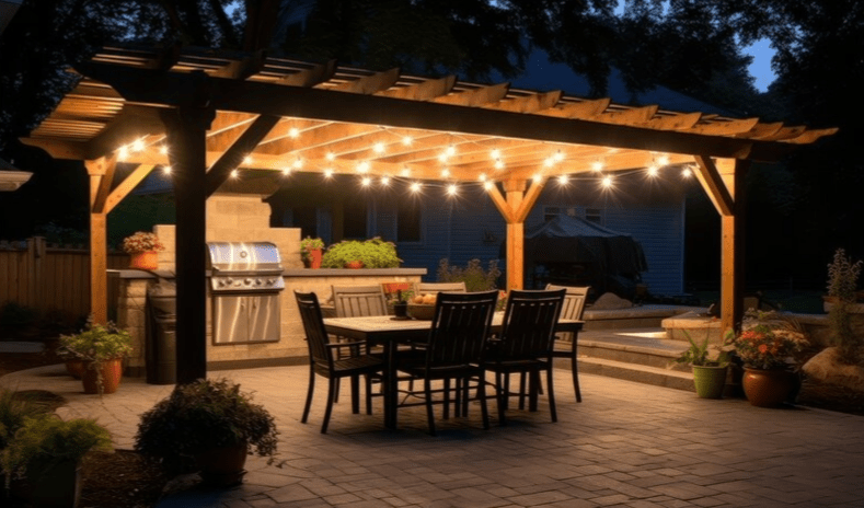 attachable pergola accent, home exterior, dining space, fire pit, outdoor shelter, decorative structure, climbing